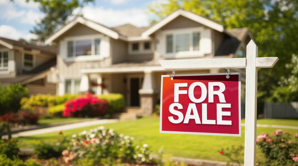 Classic suburban home with for sale sign in Texas real estate market.