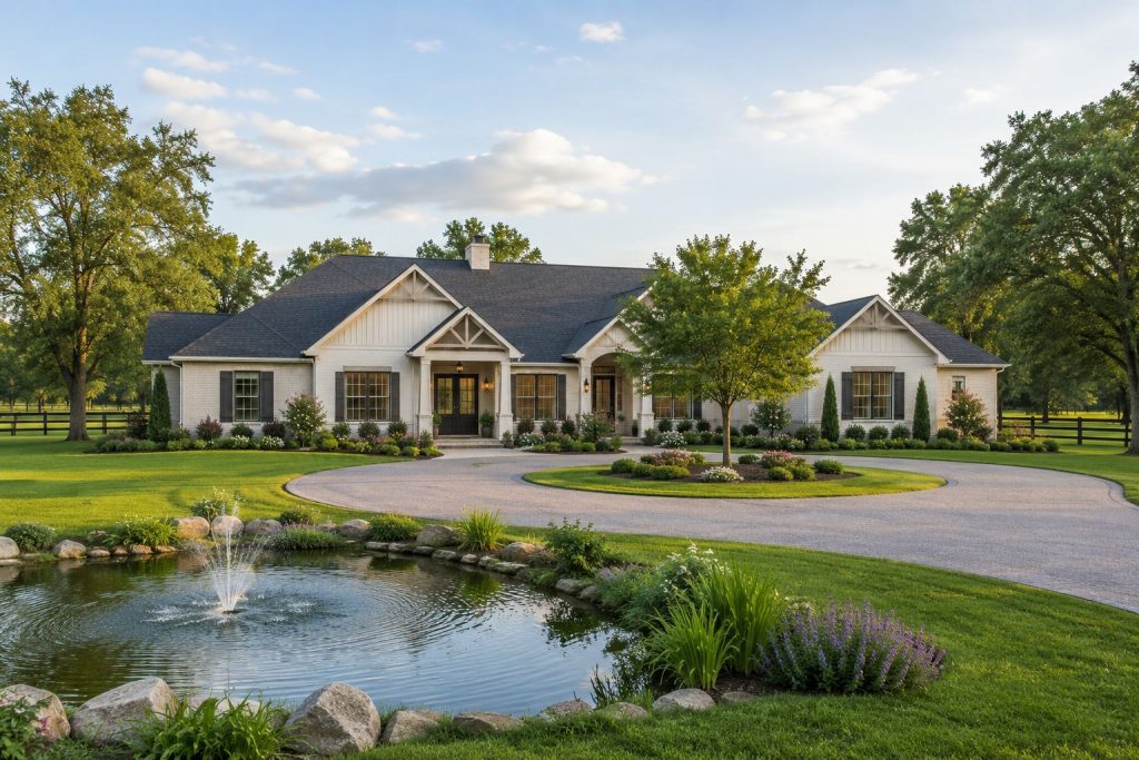 House with Lake and Horseshoe Driveway