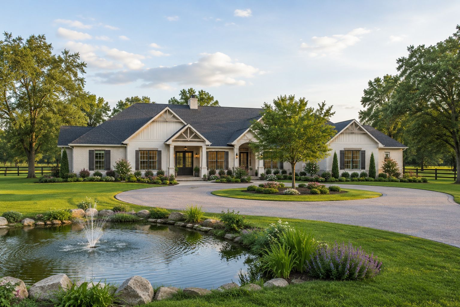 House with Lake and Horseshoe Driveway